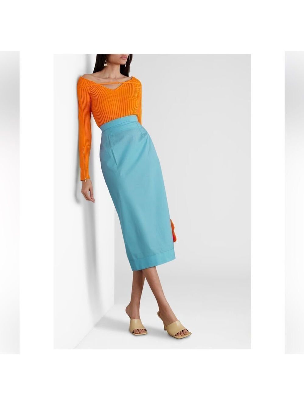 Jacquemus Valerie Cutout Wool Midi Skirt Aqua Blue Size 4